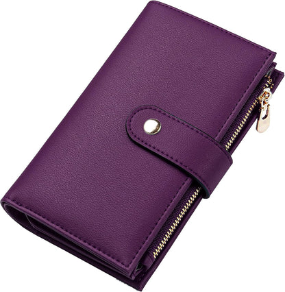 Women's Wallets RFID Blocking Leather Trifold Clutch Wallet Credit Card Holder Ladies Travel Wallet Purse with Passport/Pen Holder