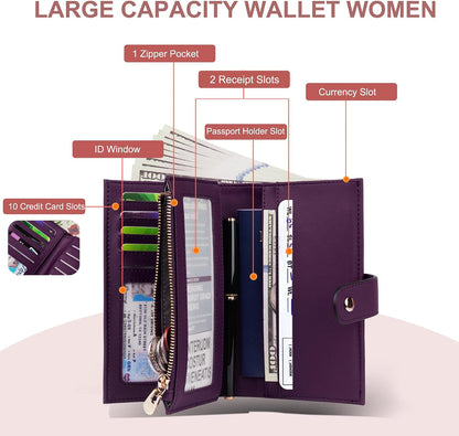 Women's Wallets RFID Blocking Leather Trifold Clutch Wallet Credit Card Holder Ladies Travel Wallet Purse with Passport/Pen Holder