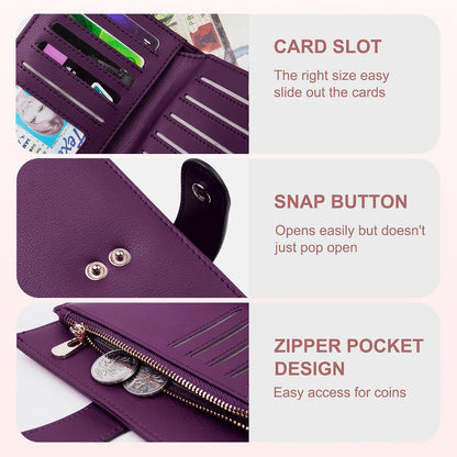 Women's Wallets RFID Blocking Leather Trifold Clutch Wallet Credit Card Holder Ladies Travel Wallet Purse with Passport/Pen Holder