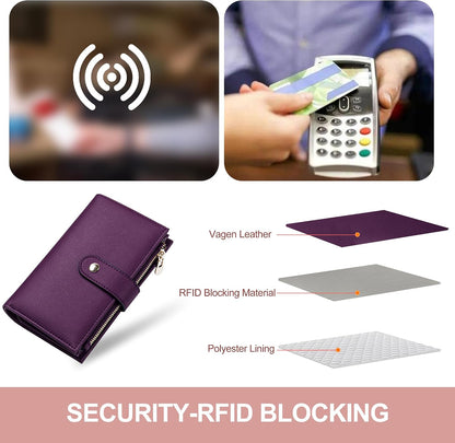 Women's Wallets RFID Blocking Leather Trifold Clutch Wallet Credit Card Holder Ladies Travel Wallet Purse with Passport/Pen Holder