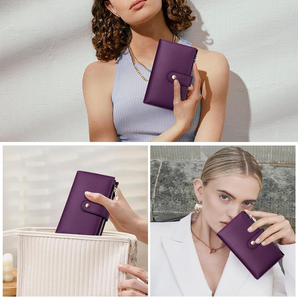 Women's Wallets RFID Blocking Leather Trifold Clutch Wallet Credit Card Holder Ladies Travel Wallet Purse with Passport/Pen Holder