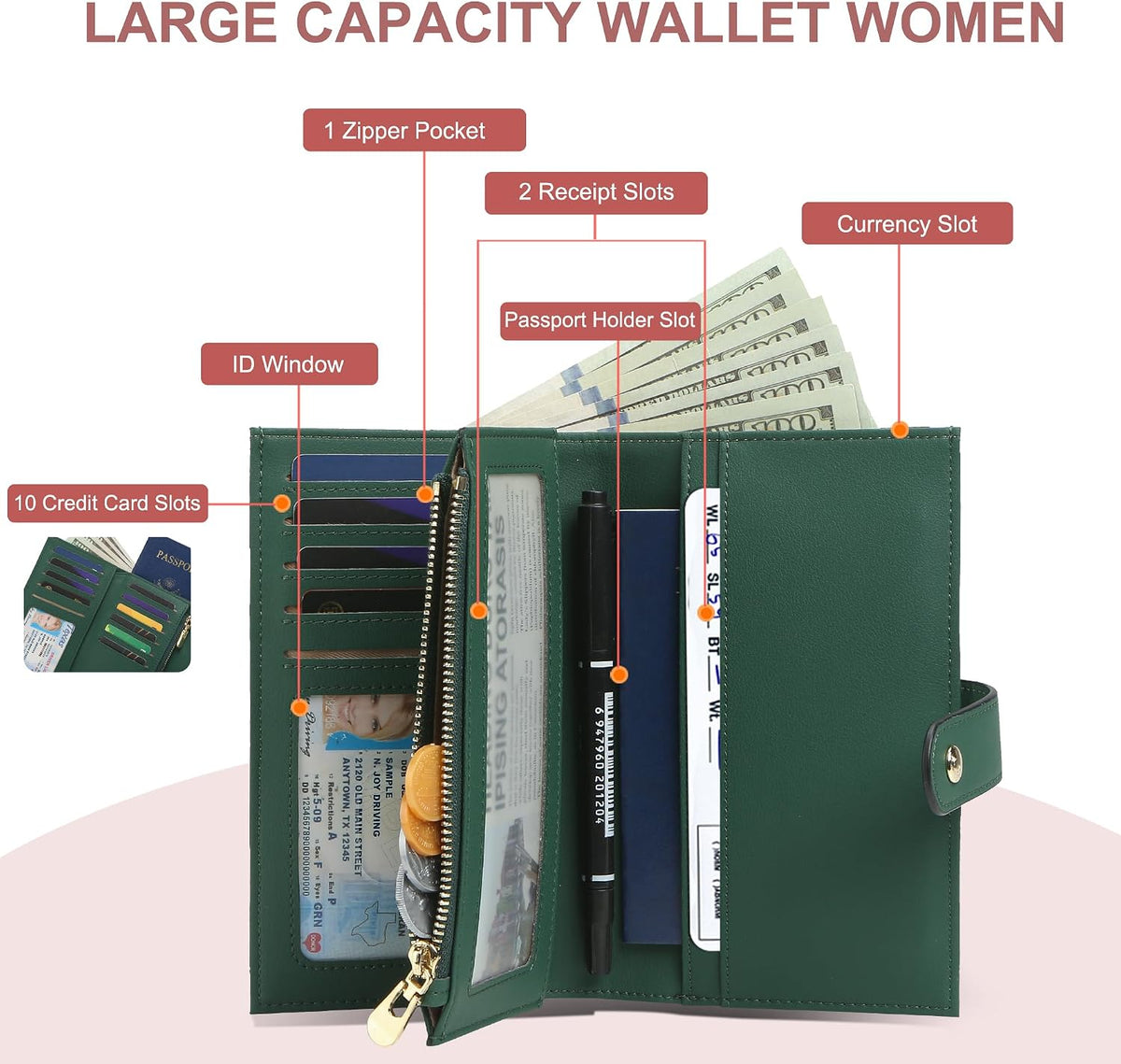 Women's Wallets RFID Blocking Leather Trifold Clutch Wallet Credit Card Holder Ladies Travel Wallet Purse with Passport/Pen Holder