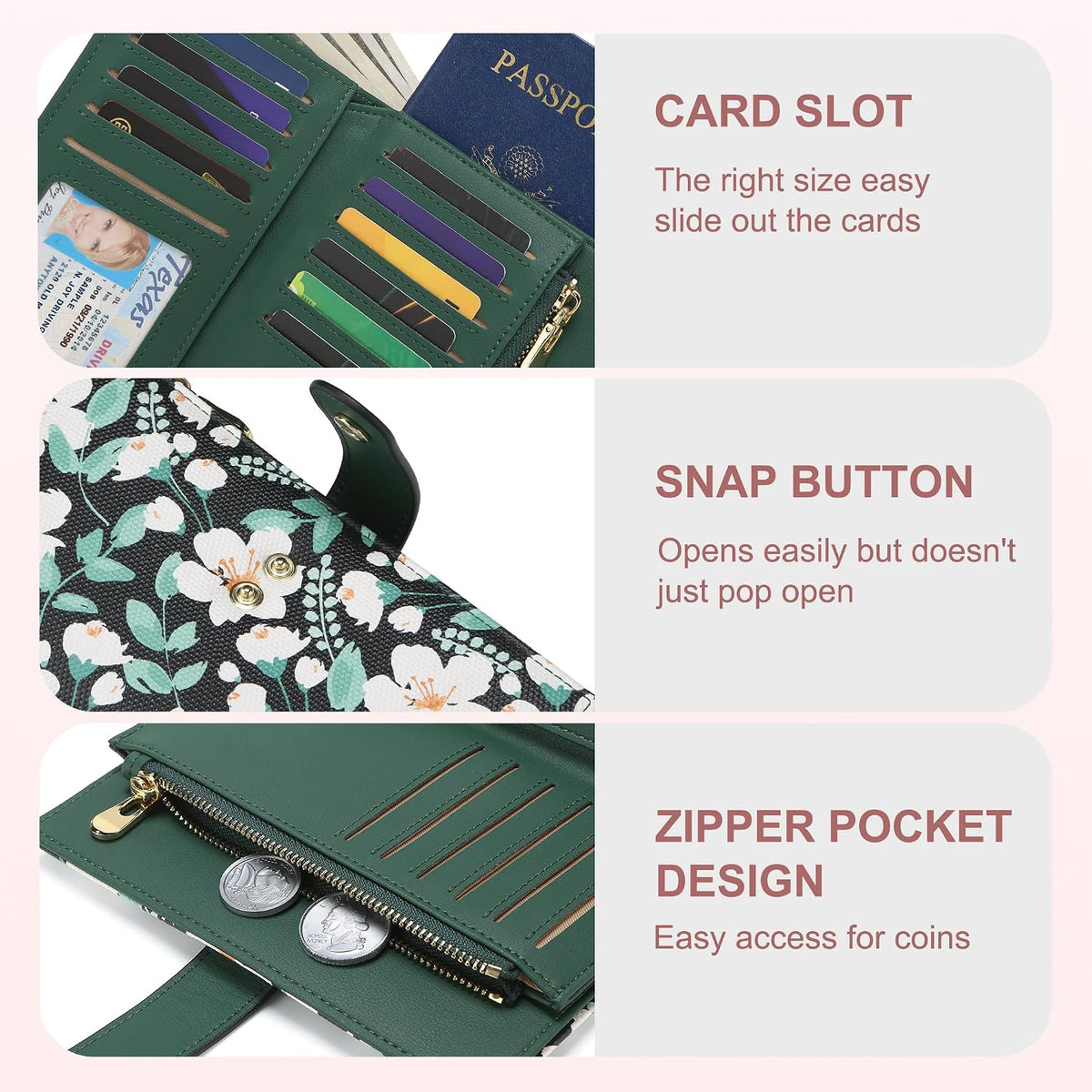 Women's Wallets RFID Blocking Leather Trifold Clutch Wallet Credit Card Holder Ladies Travel Wallet Purse with Passport/Pen Holder
