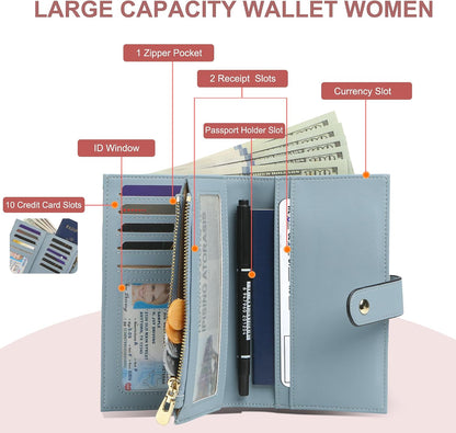 Women's Wallets RFID Blocking Leather Trifold Clutch Wallet Credit Card Holder Ladies Travel Wallet Purse with Passport/Pen Holder