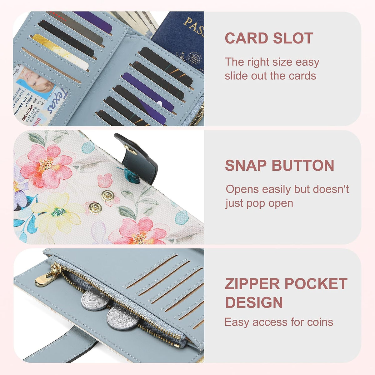 Women's Wallets RFID Blocking Leather Trifold Clutch Wallet Credit Card Holder Ladies Travel Wallet Purse with Passport/Pen Holder