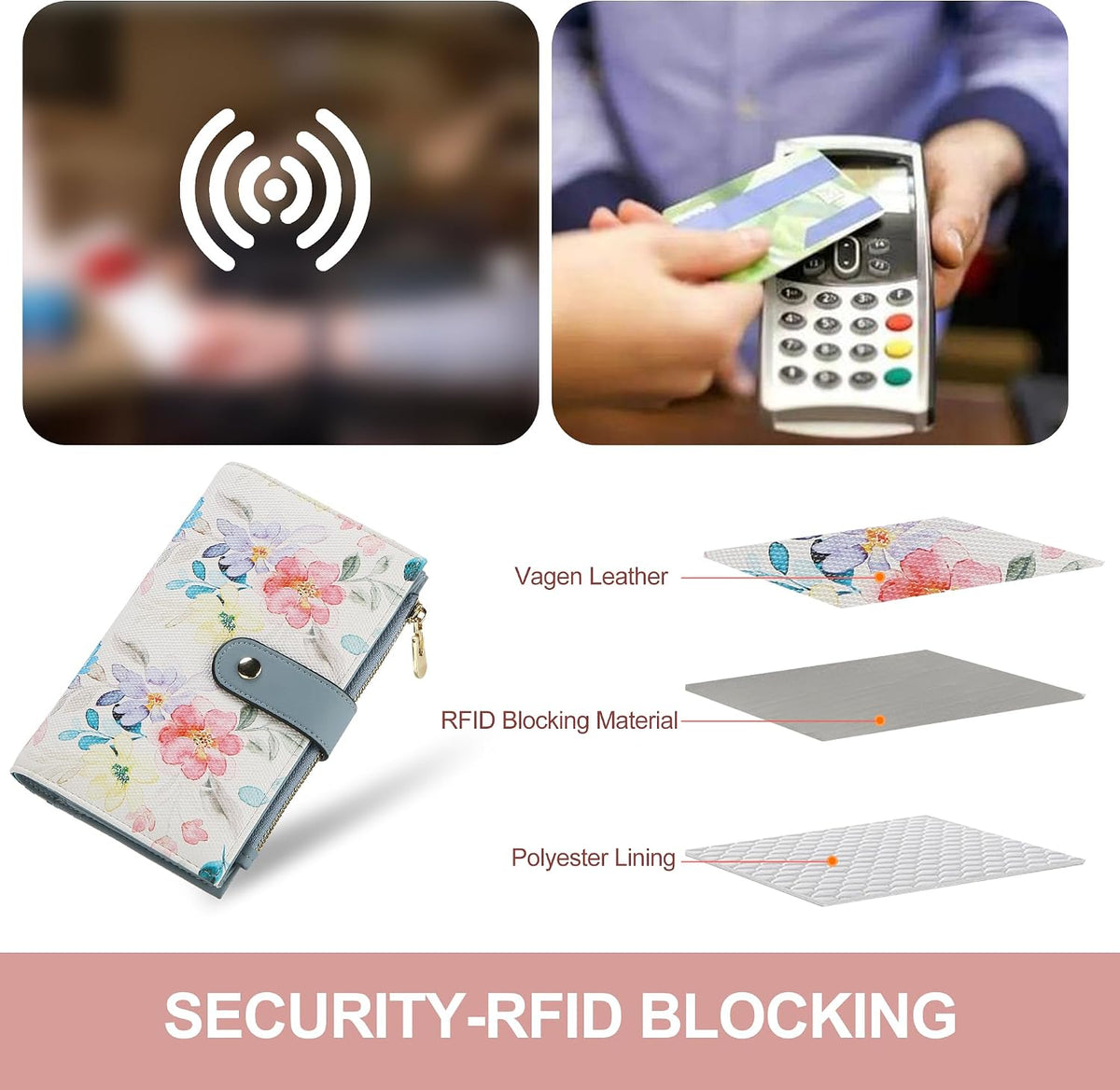 Women's Wallets RFID Blocking Leather Trifold Clutch Wallet Credit Card Holder Ladies Travel Wallet Purse with Passport/Pen Holder