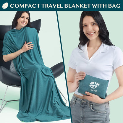 Travel Blanket Airplane Compact Pillow with Bag for Flights, Teal