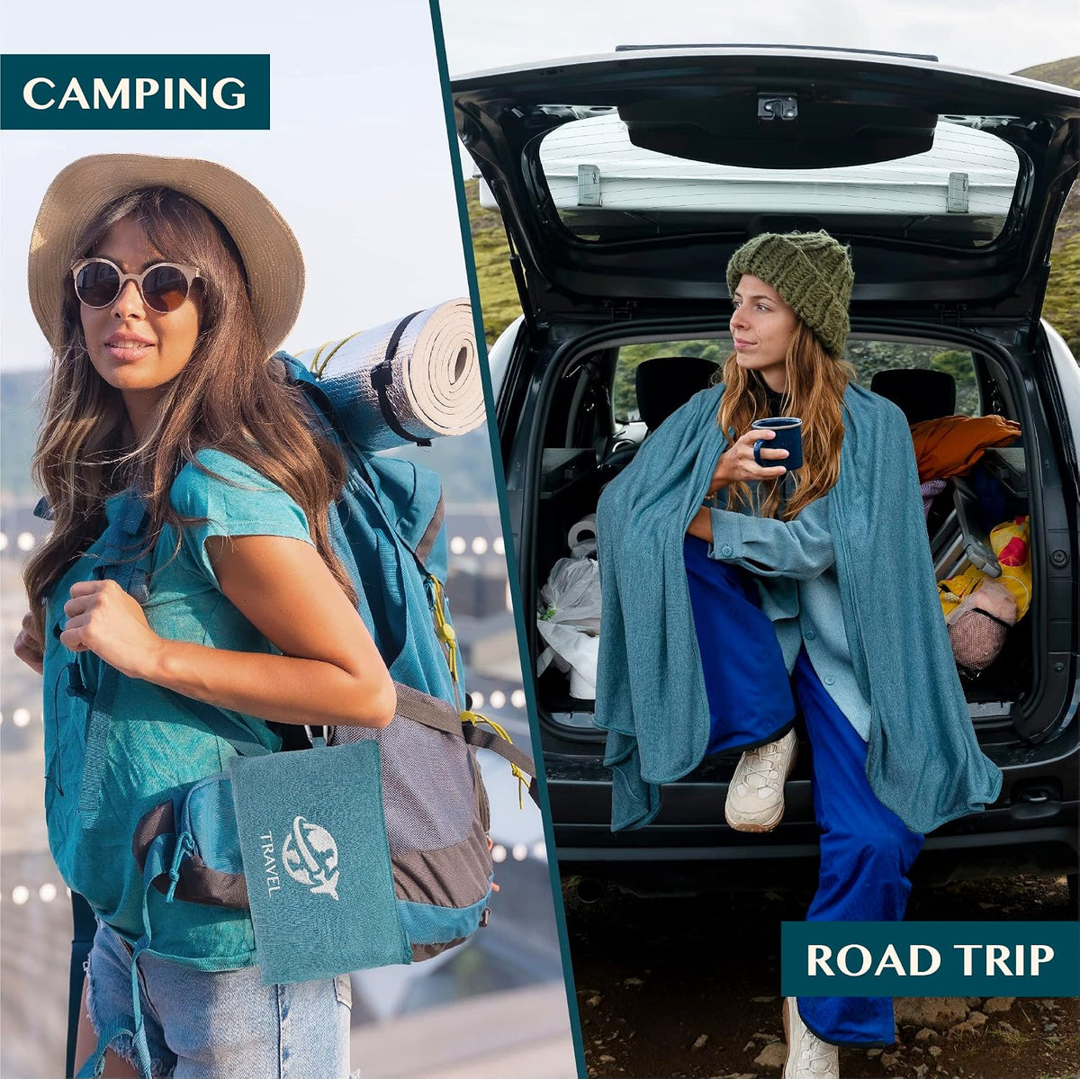 Travel Blanket Airplane Compact Pillow with Bag for Flights, Teal