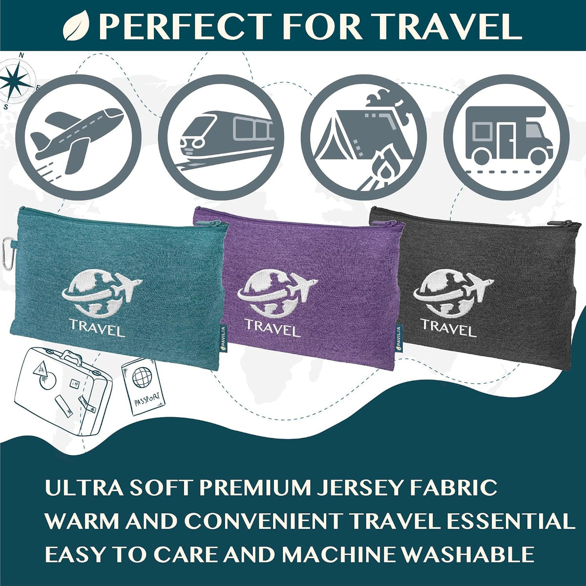 Travel Blanket Airplane Compact Pillow with Bag for Flights, Teal
