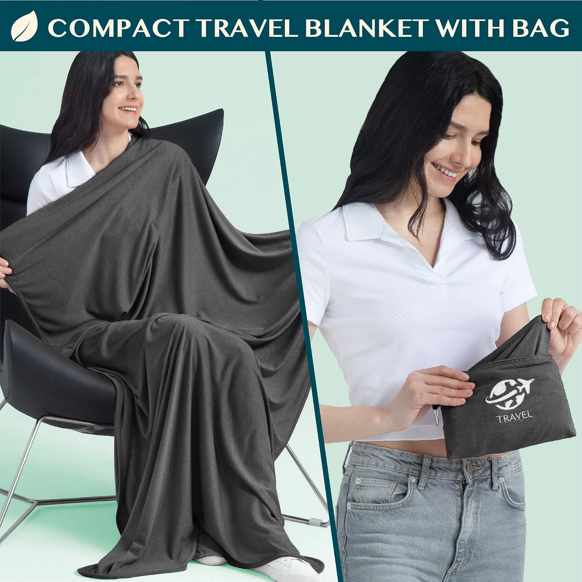 Travel Blanket Airplane Compact Pillow with Bag for Flights, Teal