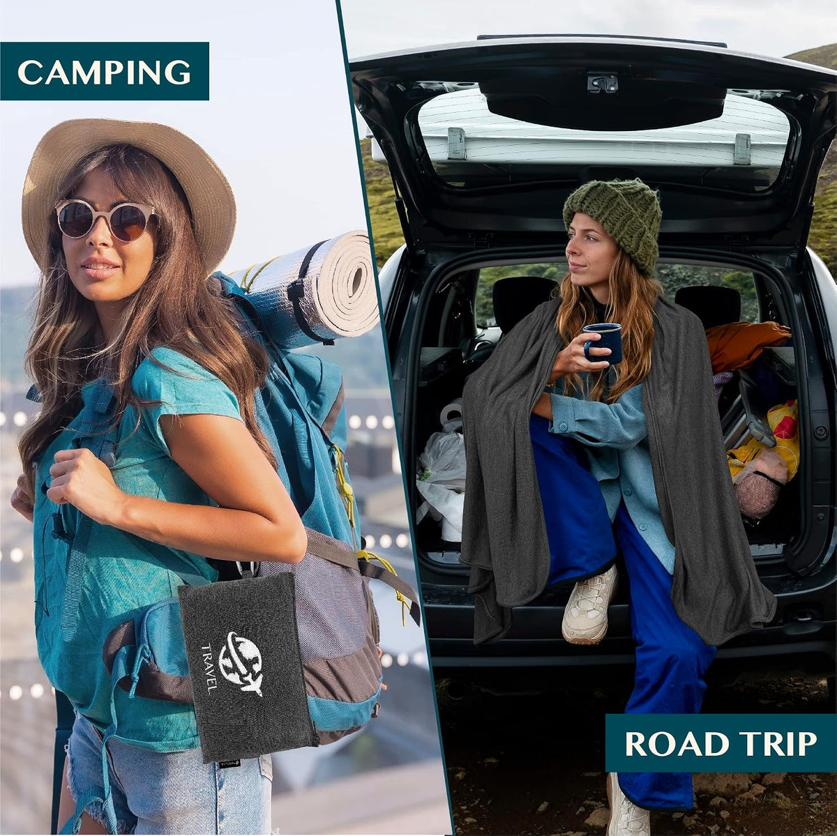 Travel Blanket Airplane Compact Pillow with Bag for Flights, Teal