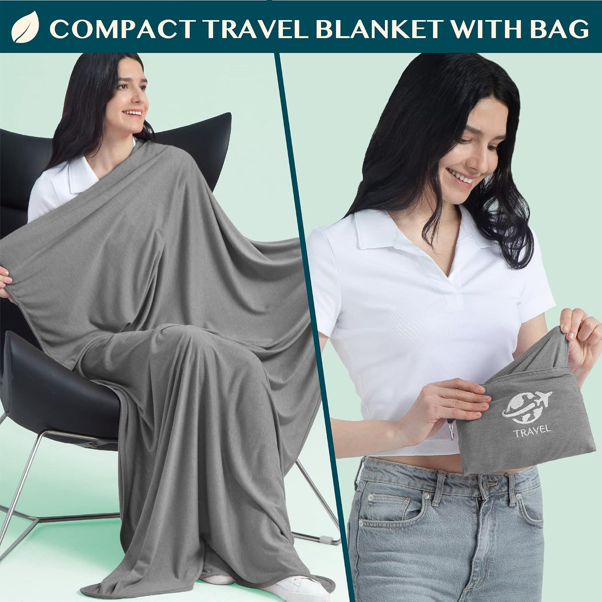 Travel Blanket Airplane Compact Pillow with Bag for Flights, Teal