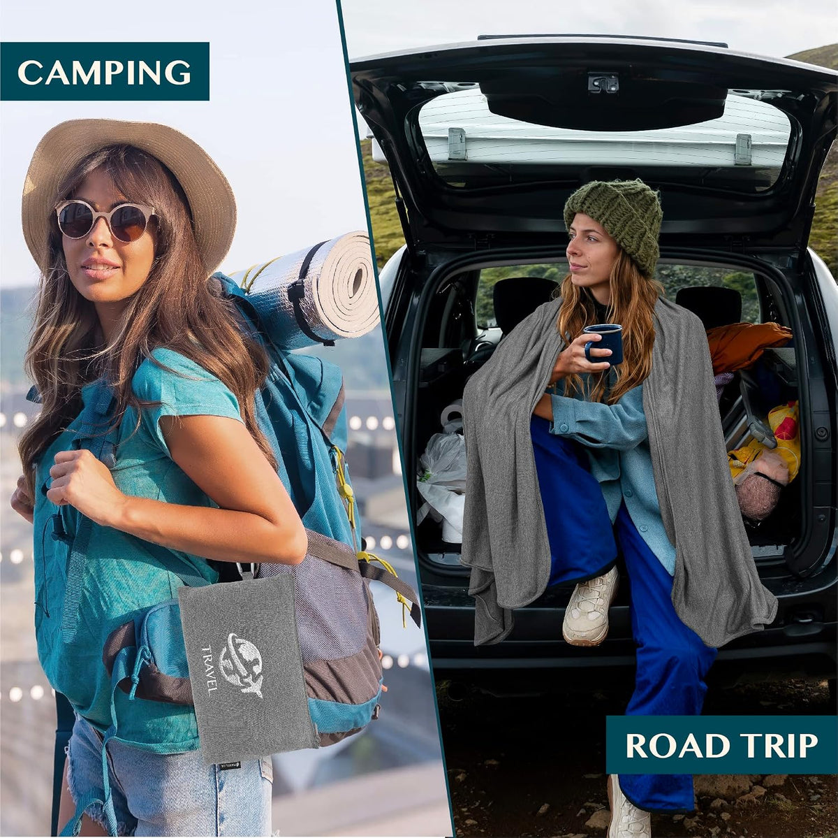 Travel Blanket Airplane Compact Pillow with Bag for Flights, Teal