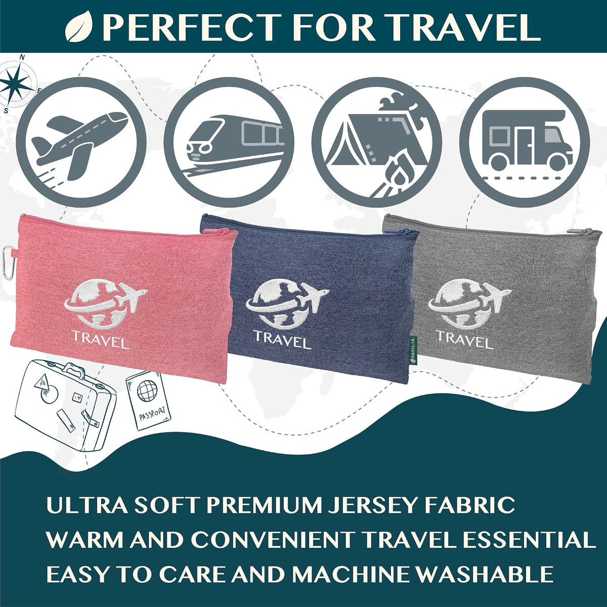 Travel Blanket Airplane Compact Pillow with Bag for Flights, Teal