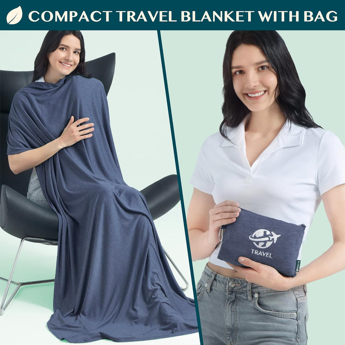 Travel Blanket Airplane Compact Pillow with Bag for Flights, Teal