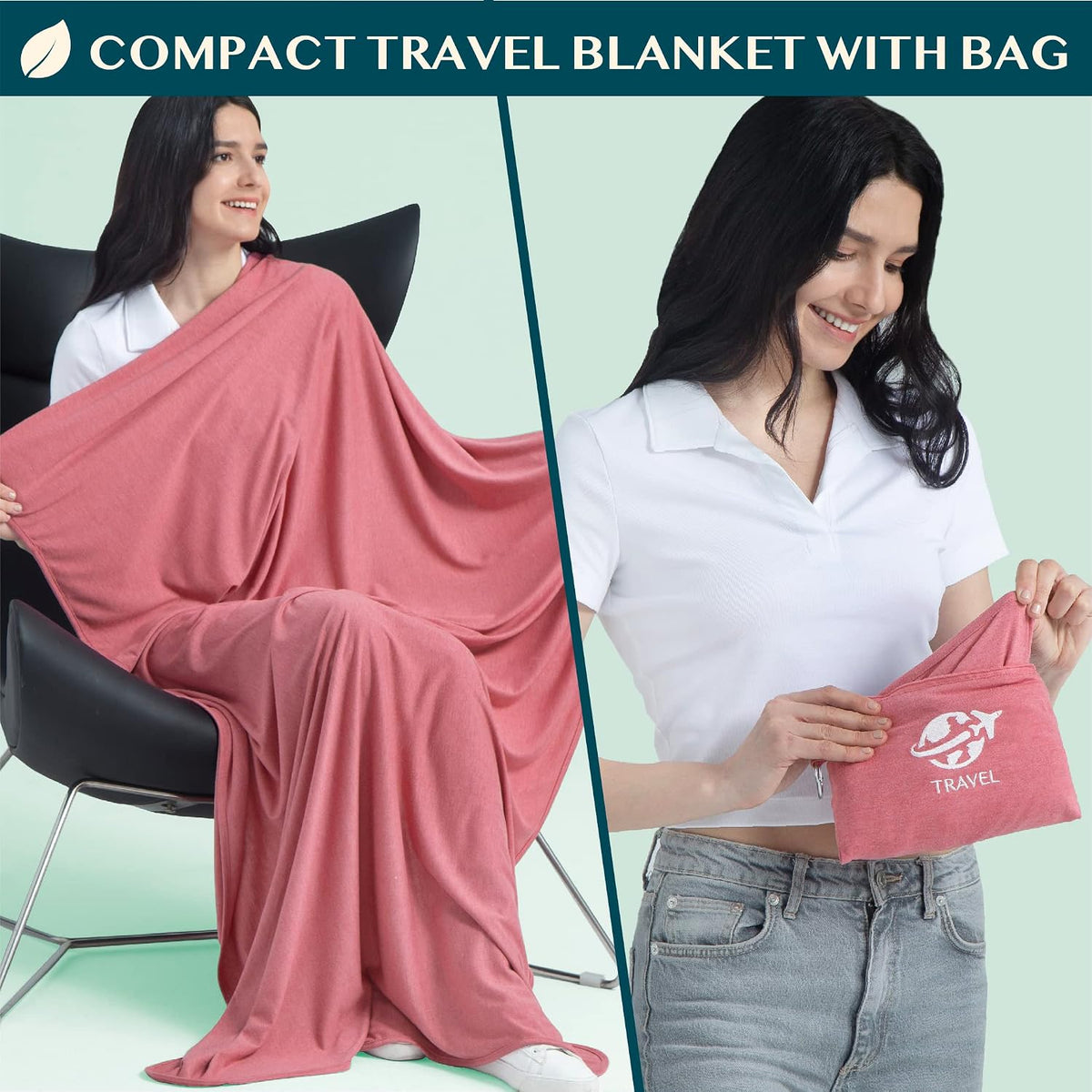Travel Blanket Airplane Compact Pillow with Bag for Flights, Teal