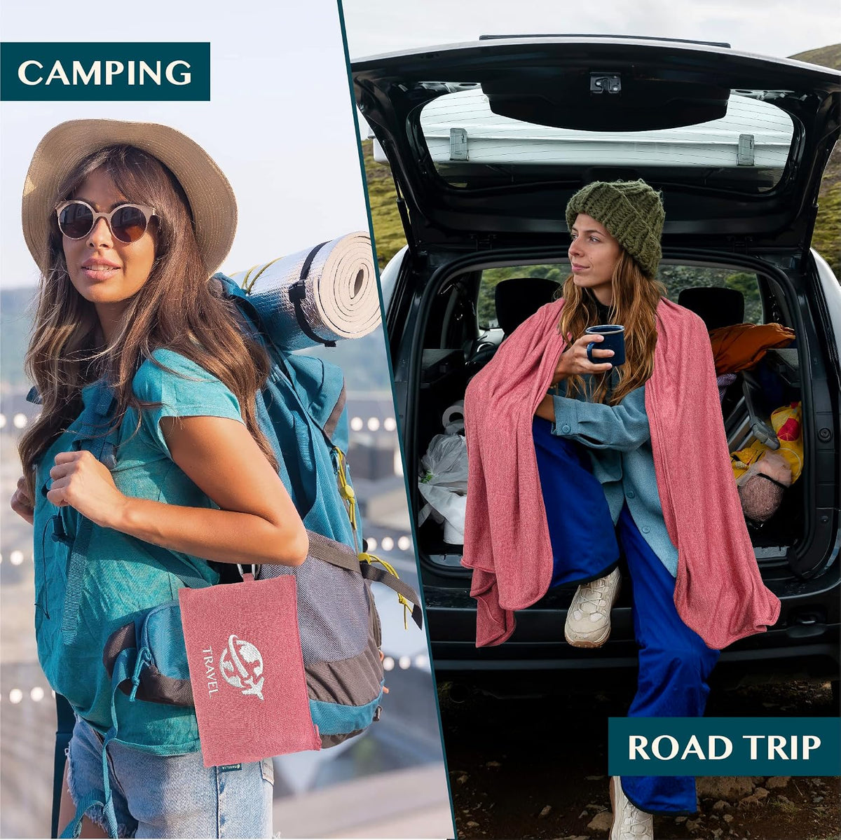 Travel Blanket Airplane Compact Pillow with Bag for Flights, Teal