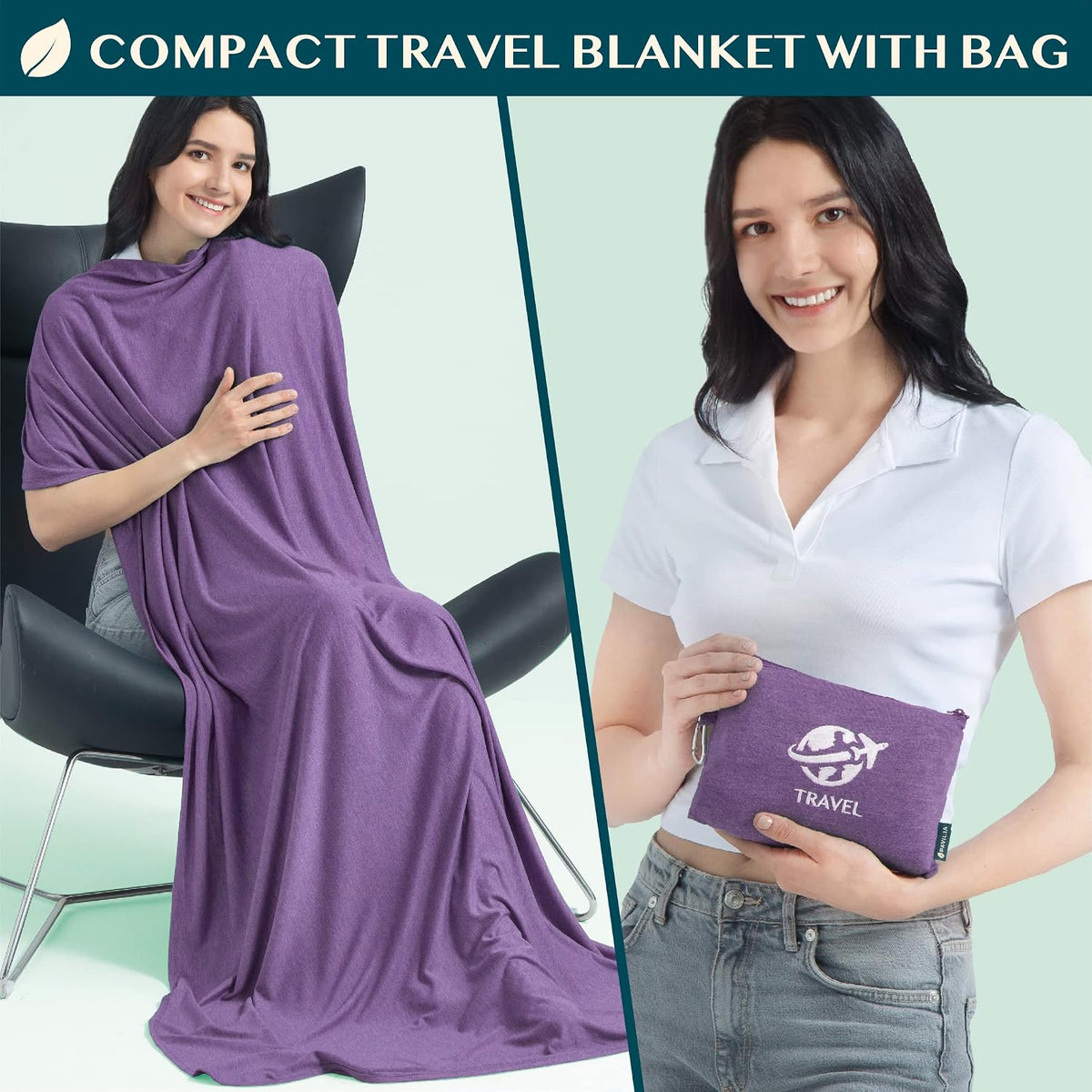 Travel Blanket Airplane Compact Pillow with Bag for Flights, Teal