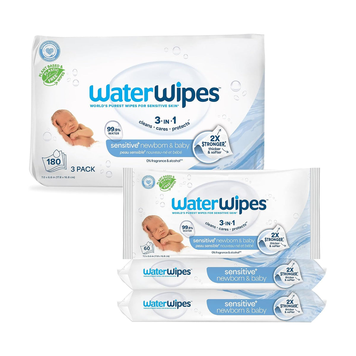 Sensitive+ Newborn & Baby Wipes, 3-In-1 Cleans, Cares, Protects, 99.9% Water, Unscented & Hypoallergenic, 180 Count (3 Packs)