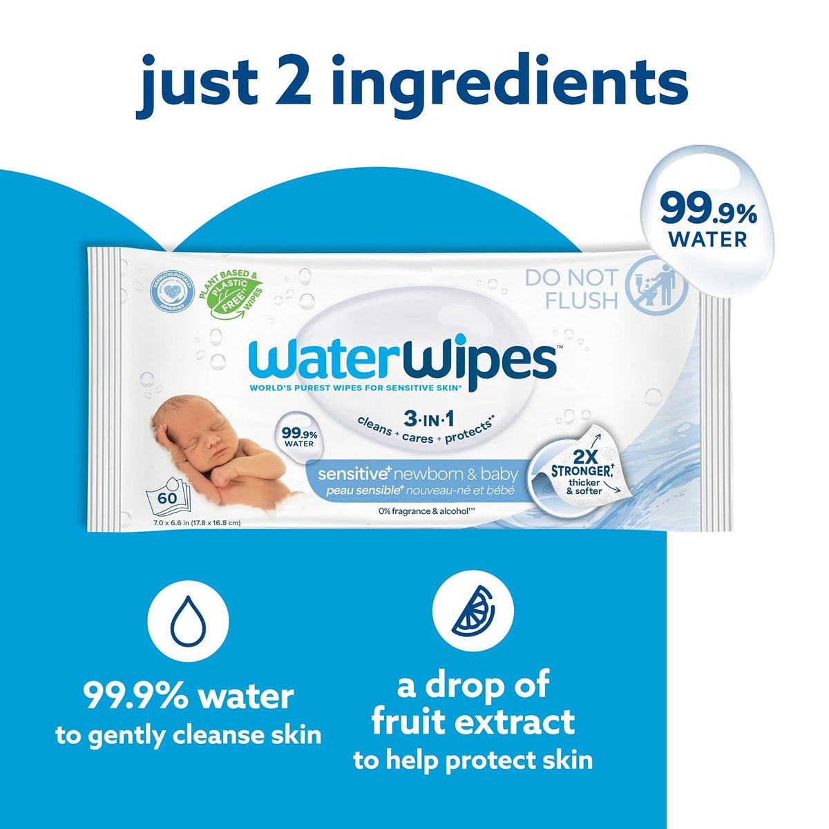 Sensitive+ Newborn & Baby Wipes, 3-In-1 Cleans, Cares, Protects, 99.9% Water, Unscented & Hypoallergenic, 180 Count (3 Packs)