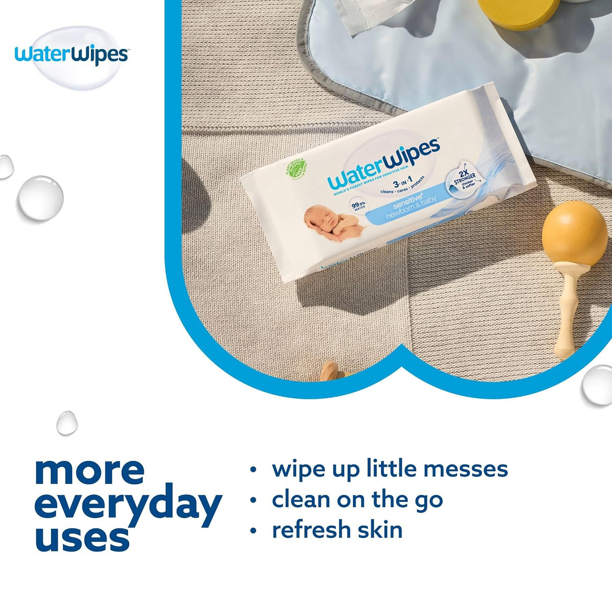 Sensitive+ Newborn & Baby Wipes, 3-In-1 Cleans, Cares, Protects, 99.9% Water, Unscented & Hypoallergenic, 180 Count (3 Packs)