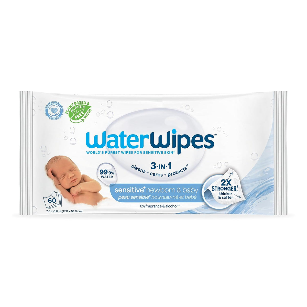 Sensitive+ Newborn & Baby Wipes, 3-In-1 Cleans, Cares, Protects, 99.9% Water, Unscented & Hypoallergenic, 180 Count (3 Packs)