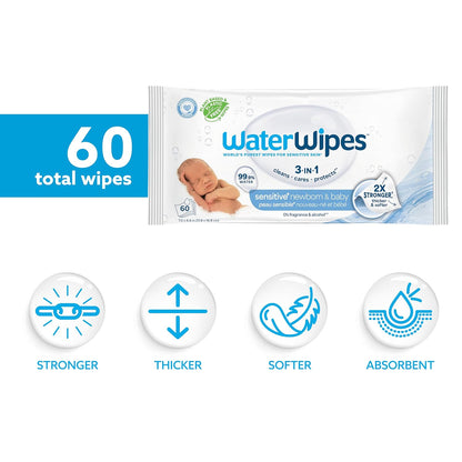 Sensitive+ Newborn & Baby Wipes, 3-In-1 Cleans, Cares, Protects, 99.9% Water, Unscented & Hypoallergenic, 180 Count (3 Packs)