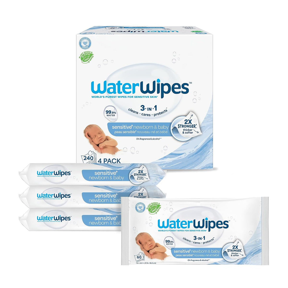 Sensitive+ Newborn & Baby Wipes, 3-In-1 Cleans, Cares, Protects, 99.9% Water, Unscented & Hypoallergenic, 180 Count (3 Packs)