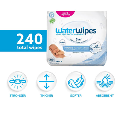 Sensitive+ Newborn & Baby Wipes, 3-In-1 Cleans, Cares, Protects, 99.9% Water, Unscented & Hypoallergenic, 180 Count (3 Packs)