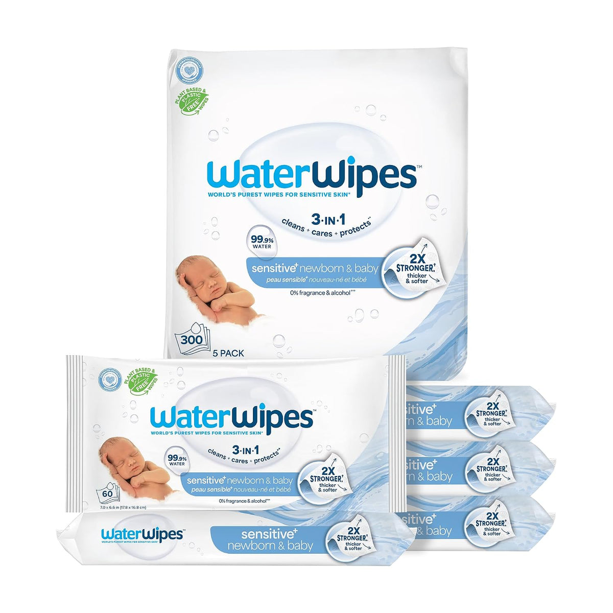 Sensitive+ Newborn & Baby Wipes, 3-In-1 Cleans, Cares, Protects, 99.9% Water, Unscented & Hypoallergenic, 180 Count (3 Packs)