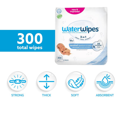 Sensitive+ Newborn & Baby Wipes, 3-In-1 Cleans, Cares, Protects, 99.9% Water, Unscented & Hypoallergenic, 180 Count (3 Packs)