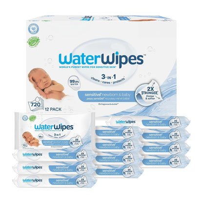 Sensitive+ Newborn & Baby Wipes, 3-In-1 Cleans, Cares, Protects, 99.9% Water, Unscented & Hypoallergenic, 180 Count (3 Packs)