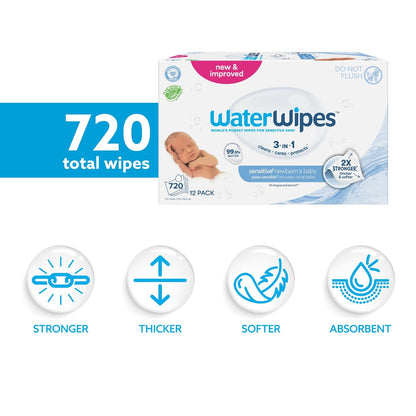 Sensitive+ Newborn & Baby Wipes, 3-In-1 Cleans, Cares, Protects, 99.9% Water, Unscented & Hypoallergenic, 180 Count (3 Packs)