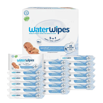 Sensitive+ Newborn & Baby Wipes, 3-In-1 Cleans, Cares, Protects, 99.9% Water, Unscented & Hypoallergenic, 180 Count (3 Packs)