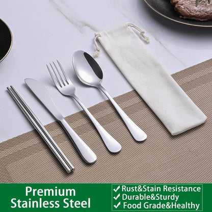 DEHOV Travel Utentils Set With Pouch,Reusable Portable Camping Silverware Set Knife Spoon Fork Chopsticks For Picnic,Travel Accessories Gadgets,Picnic Essentials