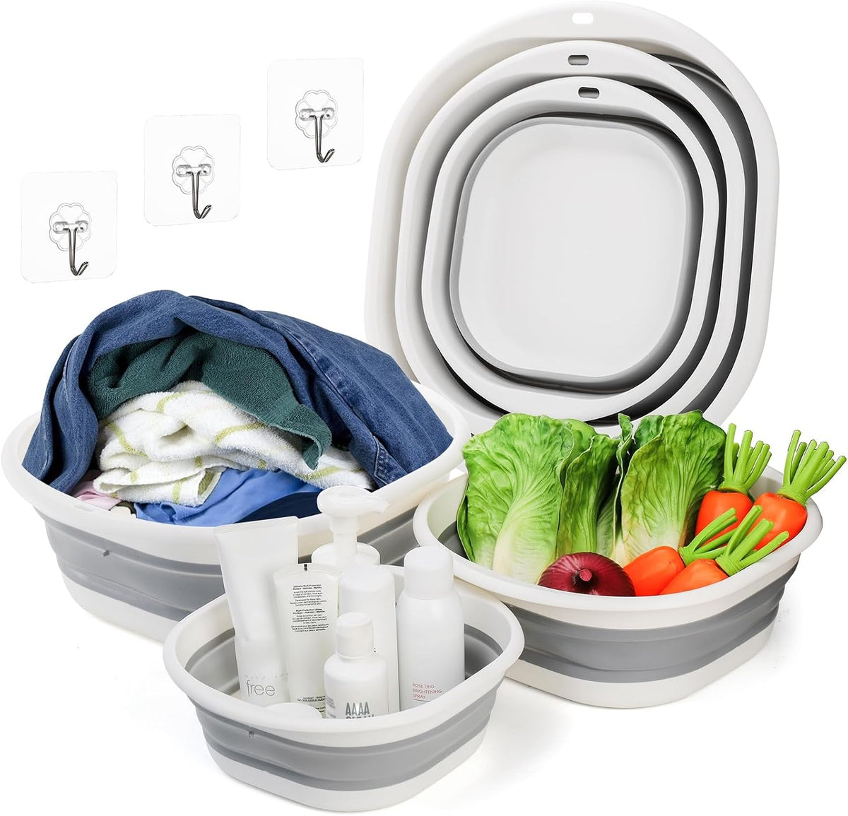 3 Pack Collapsible Wash Basin, Portable Washing Basin, Foldable Dish Tub Square, Space Saving Plastic Washtub for Dishing, Fruit, Camping, Laundry, Hiking & Home (Grey)
