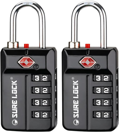 SURE LOCK TSA Approved 4-Digit Resettable Combination Luggage Locks with Open Alert, Easy-Read Dials - for Luggage, School Lockers, Gym, Office, Toolbox & Security Cases (Black)