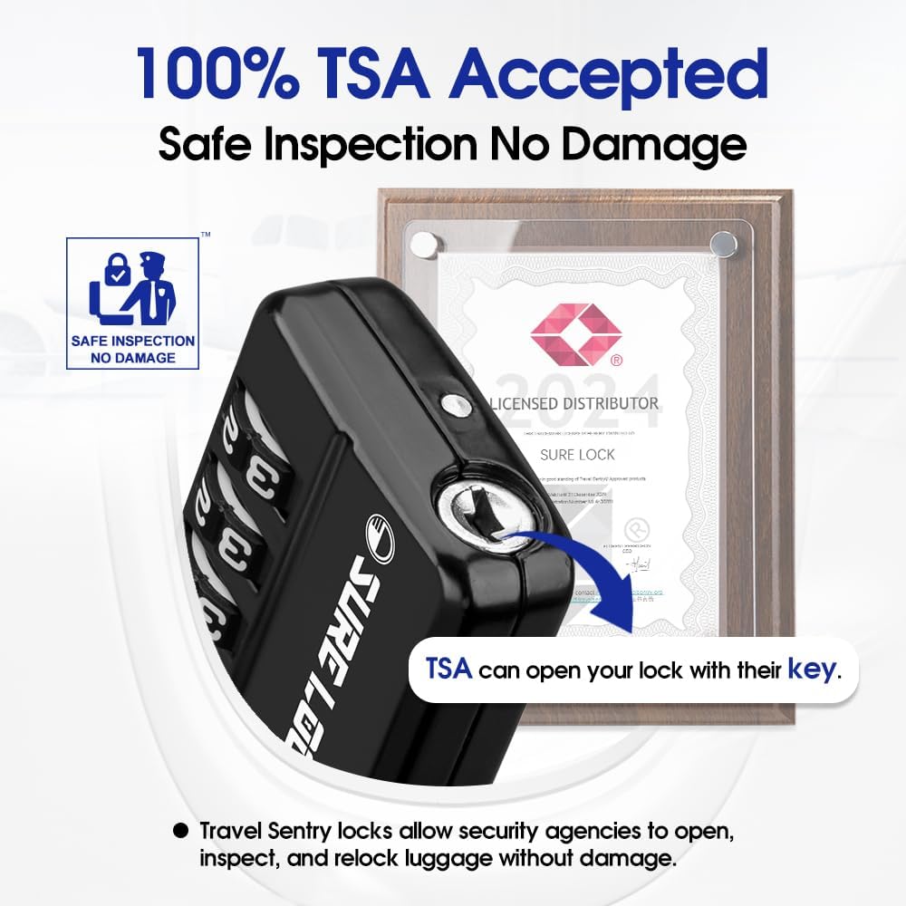 SURE LOCK TSA Approved 4-Digit Resettable Combination Luggage Locks with Open Alert, Easy-Read Dials - for Luggage, School Lockers, Gym, Office, Toolbox & Security Cases (Black)