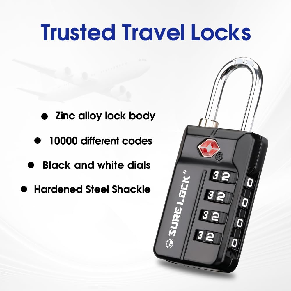 SURE LOCK TSA Approved 4-Digit Resettable Combination Luggage Locks with Open Alert, Easy-Read Dials - for Luggage, School Lockers, Gym, Office, Toolbox & Security Cases (Black)