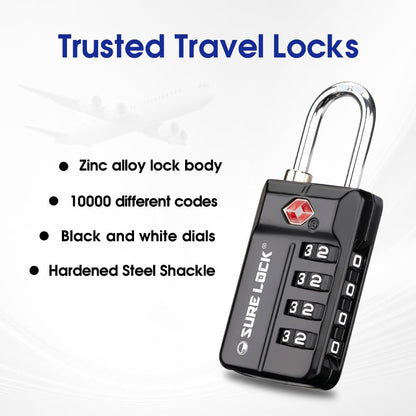 SURE LOCK TSA Approved 4-Digit Resettable Combination Luggage Locks with Open Alert, Easy-Read Dials - for Luggage, School Lockers, Gym, Office, Toolbox & Security Cases (Black)