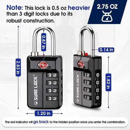 SURE LOCK TSA Approved 4-Digit Resettable Combination Luggage Locks with Open Alert, Easy-Read Dials - for Luggage, School Lockers, Gym, Office, Toolbox & Security Cases (Black)