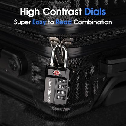 SURE LOCK TSA Approved 4-Digit Resettable Combination Luggage Locks with Open Alert, Easy-Read Dials - for Luggage, School Lockers, Gym, Office, Toolbox & Security Cases (Black)