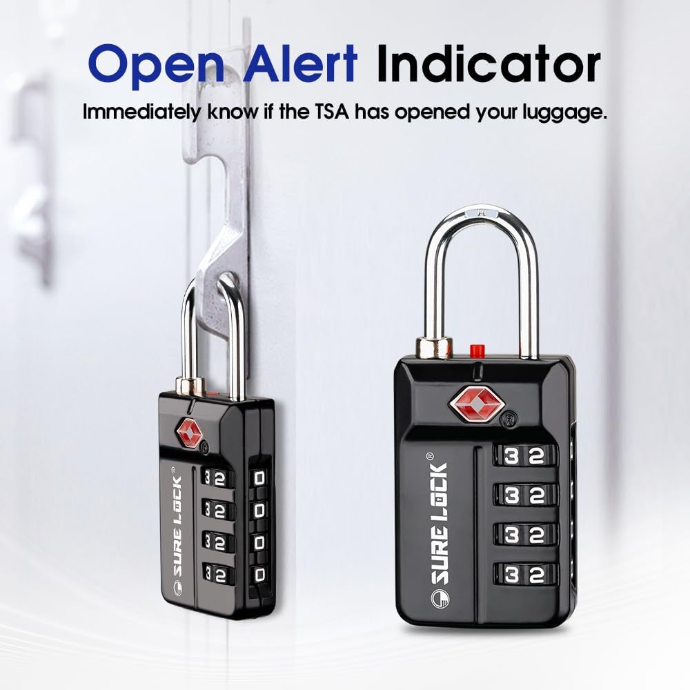 SURE LOCK TSA Approved 4-Digit Resettable Combination Luggage Locks with Open Alert, Easy-Read Dials - for Luggage, School Lockers, Gym, Office, Toolbox & Security Cases (Black)