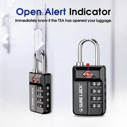 SURE LOCK TSA Approved 4-Digit Resettable Combination Luggage Locks with Open Alert, Easy-Read Dials - for Luggage, School Lockers, Gym, Office, Toolbox & Security Cases (Black)