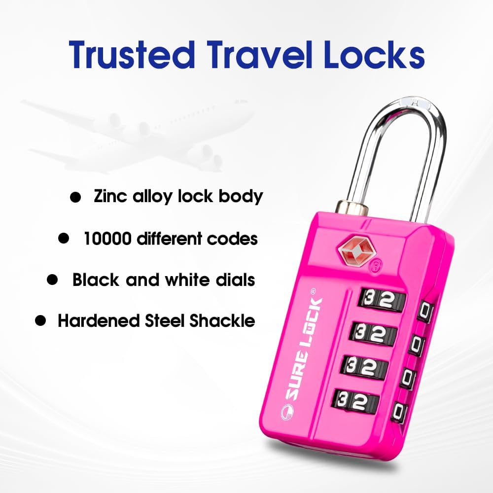 SURE LOCK TSA Approved 4-Digit Resettable Combination Luggage Locks with Open Alert, Easy-Read Dials - for Luggage, School Lockers, Gym, Office, Toolbox & Security Cases (Black)