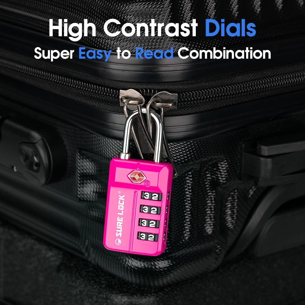 SURE LOCK TSA Approved 4-Digit Resettable Combination Luggage Locks with Open Alert, Easy-Read Dials - for Luggage, School Lockers, Gym, Office, Toolbox & Security Cases (Black)