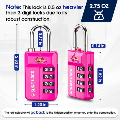 SURE LOCK TSA Approved 4-Digit Resettable Combination Luggage Locks with Open Alert, Easy-Read Dials - for Luggage, School Lockers, Gym, Office, Toolbox & Security Cases (Black)