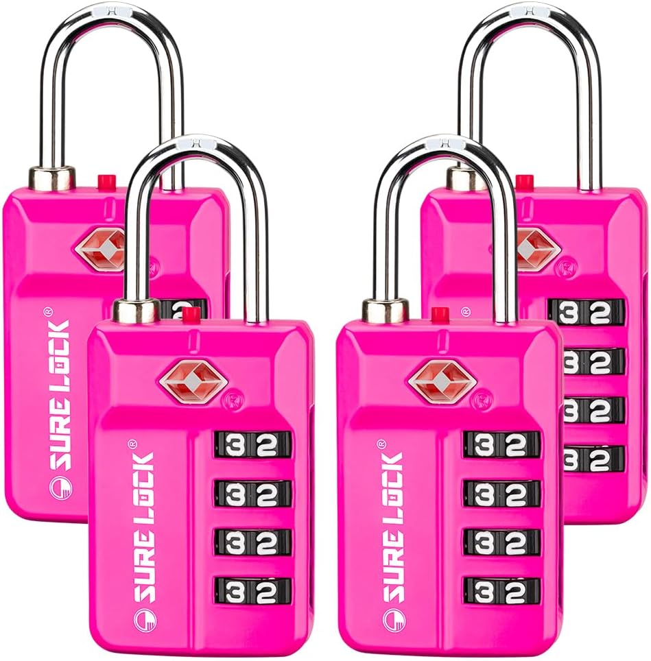 SURE LOCK TSA Approved 4-Digit Resettable Combination Luggage Locks with Open Alert, Easy-Read Dials - for Luggage, School Lockers, Gym, Office, Toolbox & Security Cases (Black)