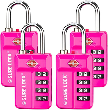 SURE LOCK TSA Approved 4-Digit Resettable Combination Luggage Locks with Open Alert, Easy-Read Dials - for Luggage, School Lockers, Gym, Office, Toolbox & Security Cases (Black)