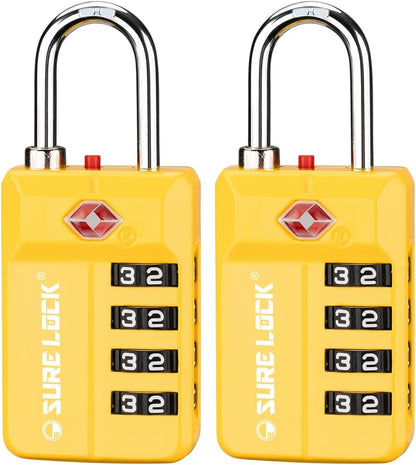 SURE LOCK TSA Approved 4-Digit Resettable Combination Luggage Locks with Open Alert, Easy-Read Dials - for Luggage, School Lockers, Gym, Office, Toolbox & Security Cases (Black)